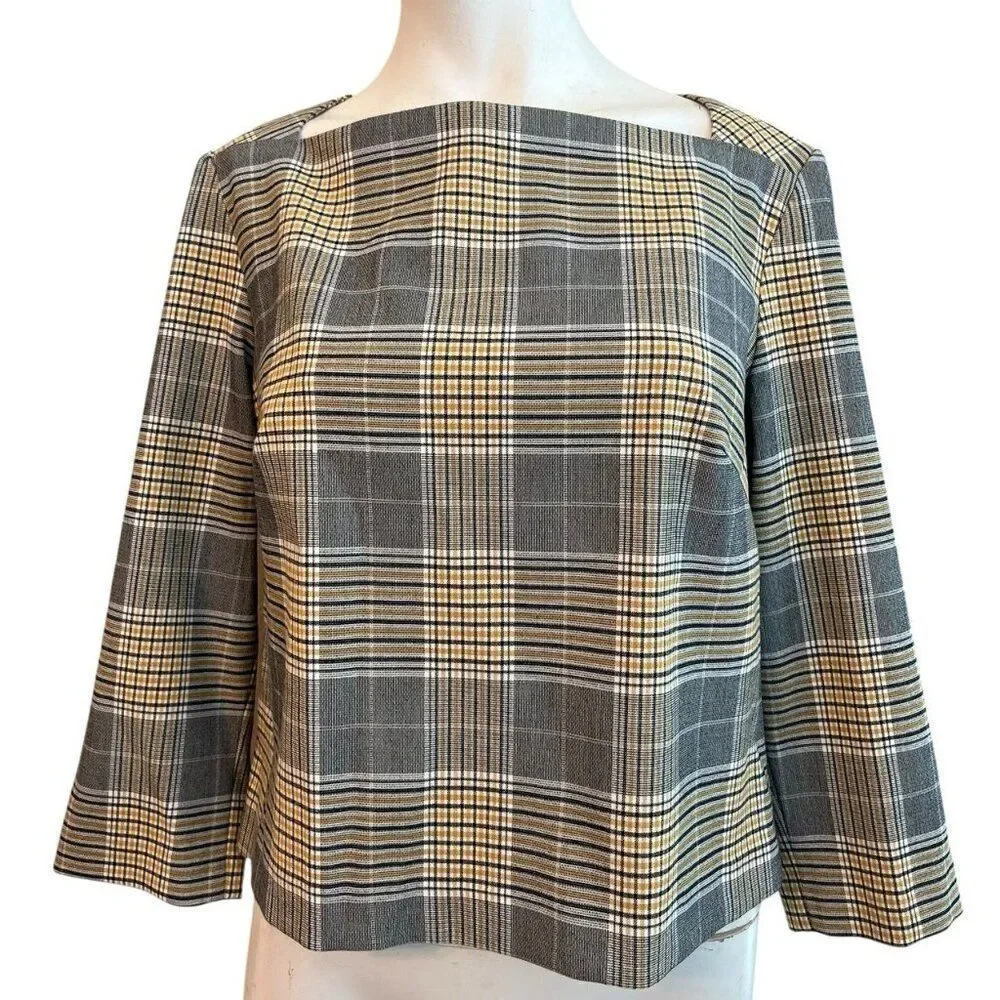 Rachel Zoe Size 8 Yellow Black Plaid Long Sleeve Blouse Zipper Square Neck
